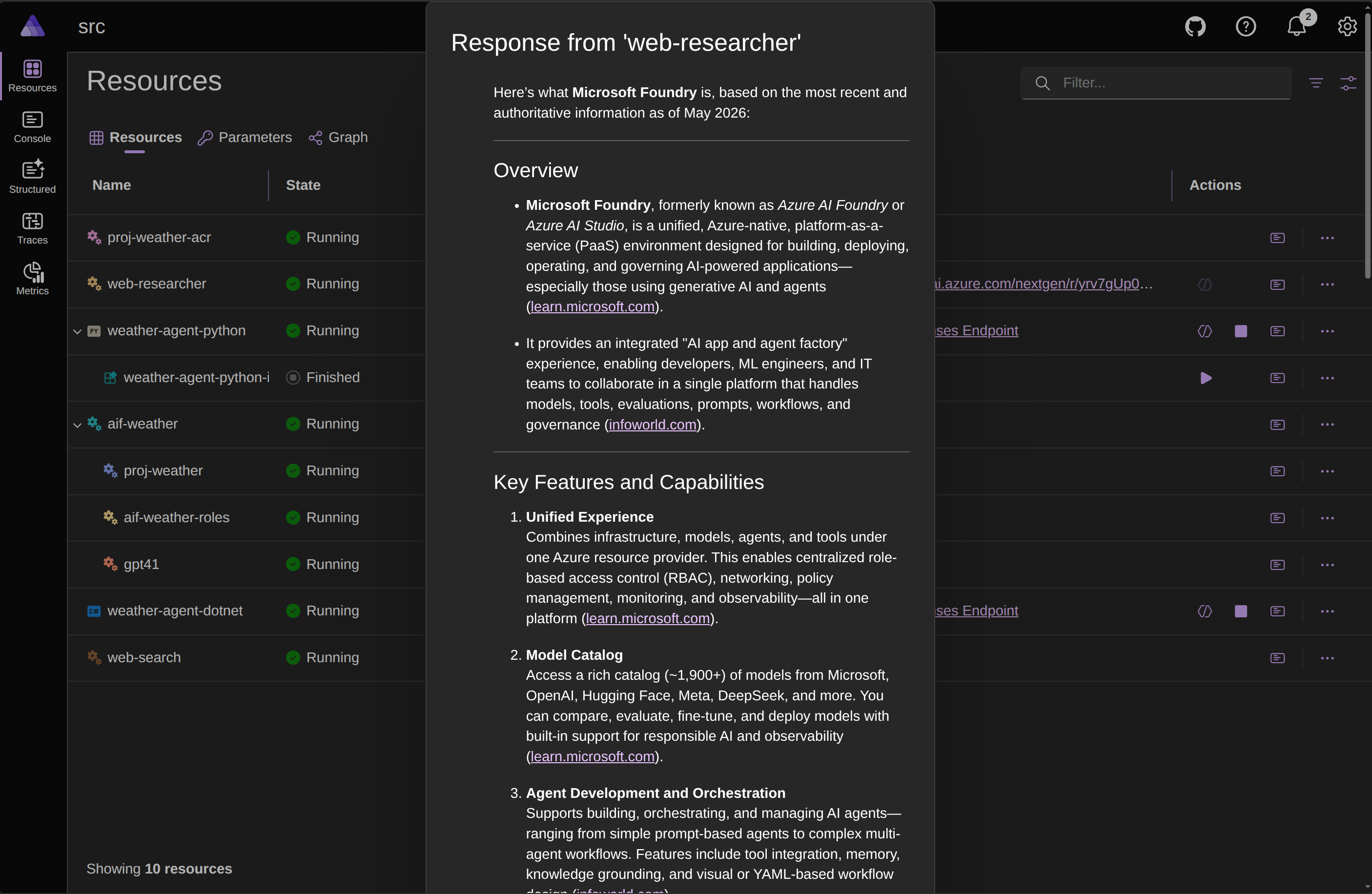 Hosted agent responses invocation result in the Aspire dashboard.