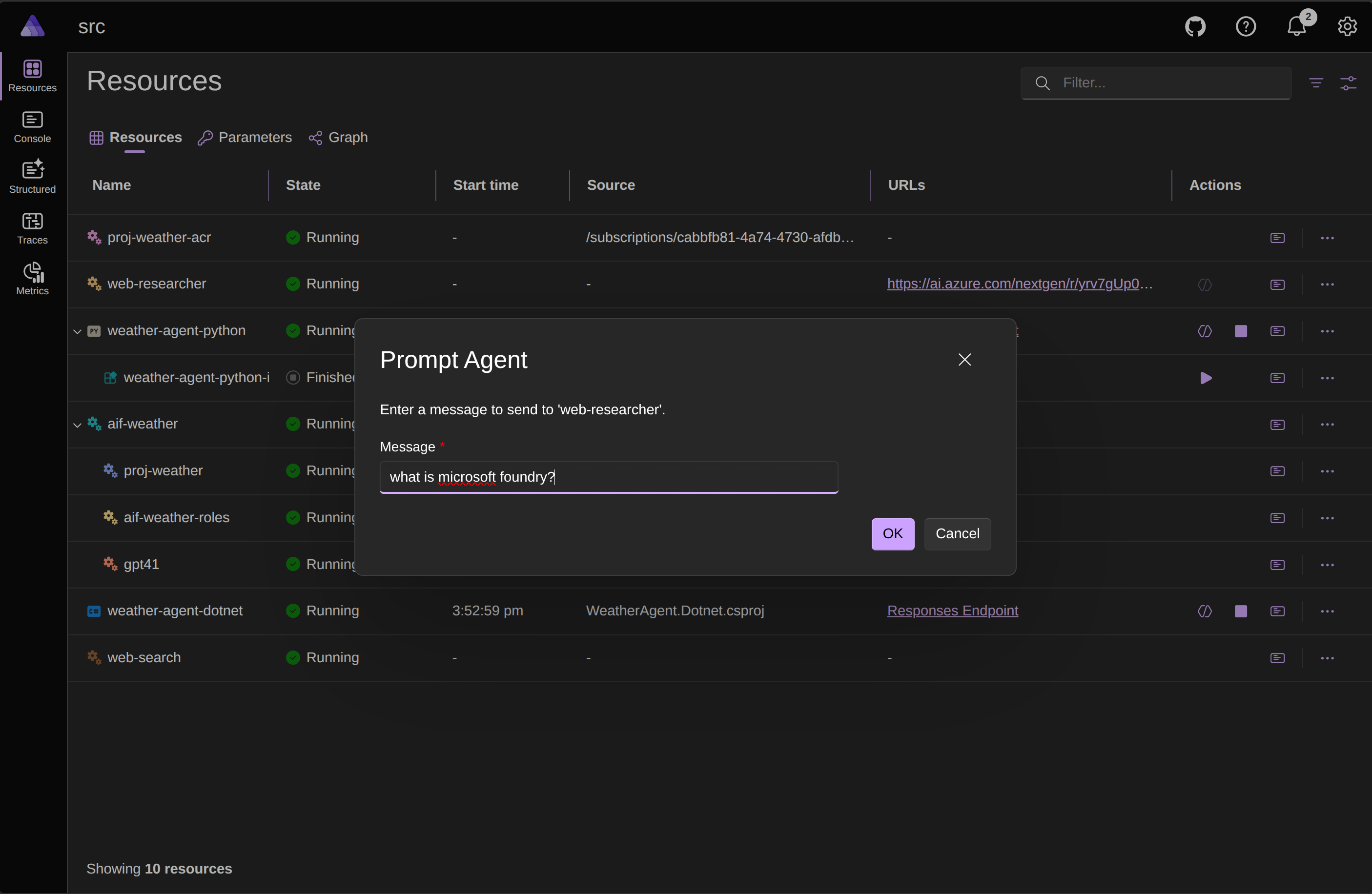 Aspire dashboard showing prompt and hosted agent resources with Send Message commands.