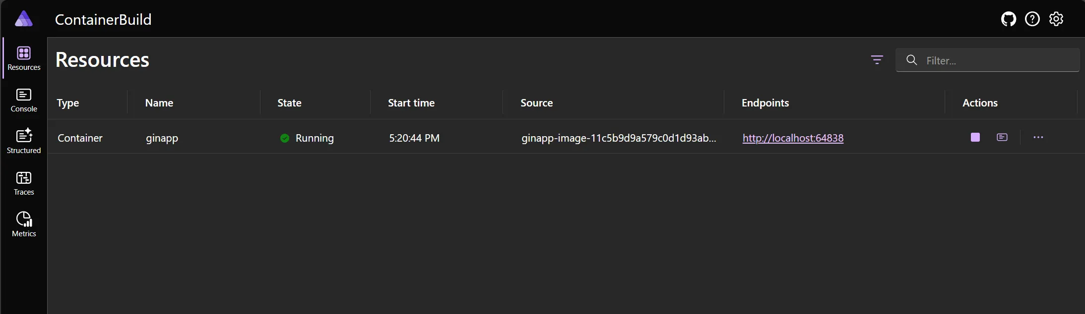 Screenshot of the Working with container-built resources in a Aspire application sample
