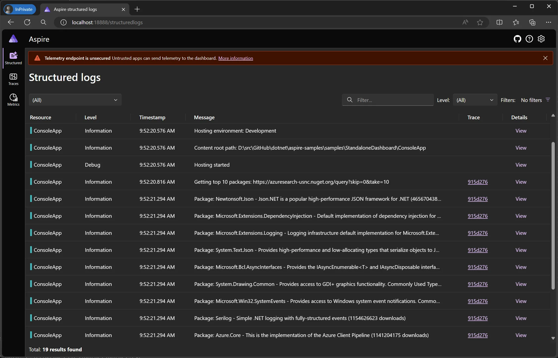 Screenshot of the Standalone Aspire dashboard sample app sample