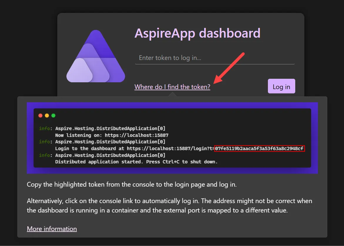 Aspire dashboard login page with instructions on how to obtain the token.