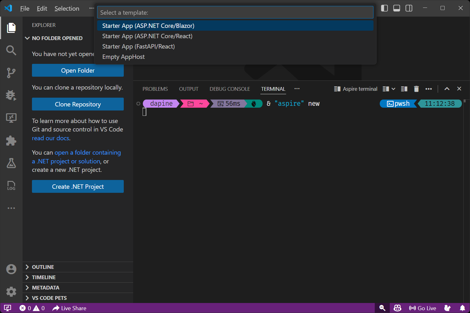 Visual Studio Code: Aspire templates showing various Aspire project templates available for selection.