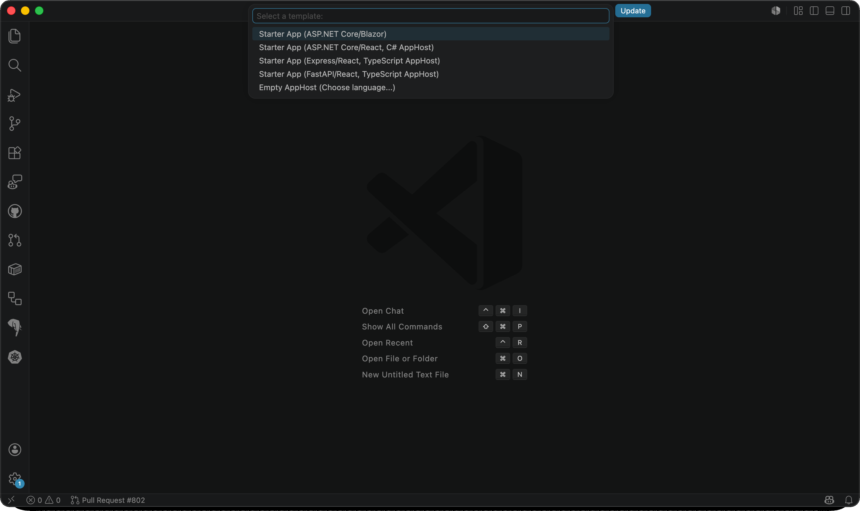 VS Code showing the Aspire: New Aspire project command palette with starter templates for Blazor, React + C#, Express + TypeScript, FastAPI + TypeScript, and an empty AppHost.