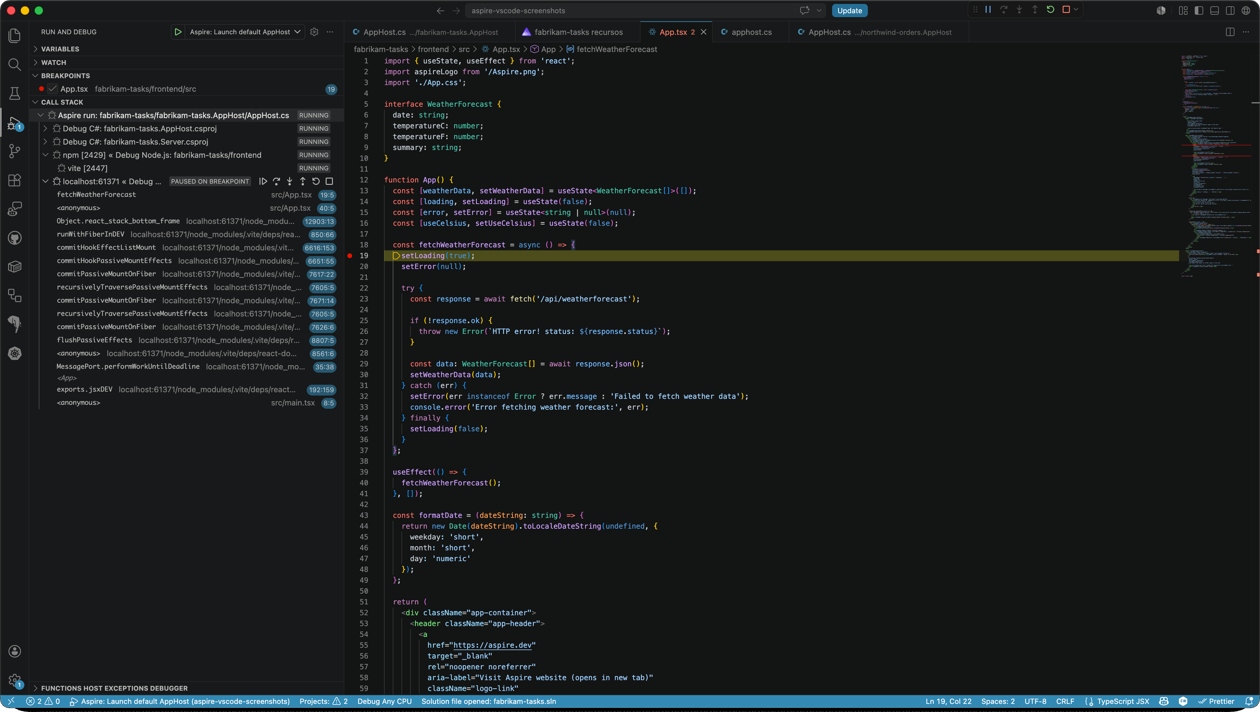 VS Code Run & Debug view with multiple debug sessions attached — AppHost, a .NET project, a Node service, and a browser app — alongside the dashboard.