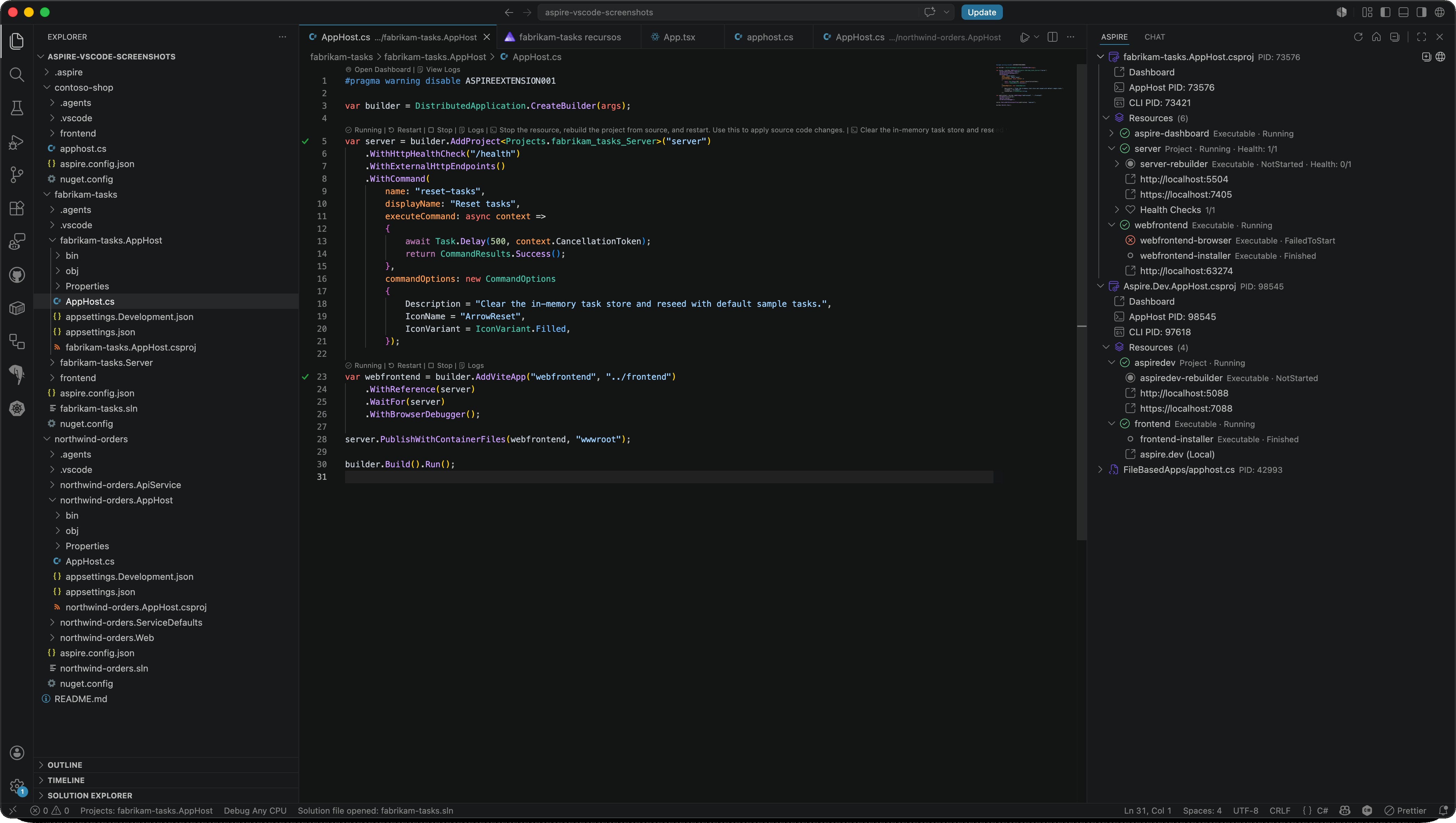 The Aspire view in VS Code showing a tree of resources with health-aware icons reflecting each resource's state.