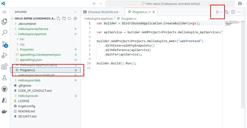 Screenshot showing how to launch the AppHost using the Run project button in VS Code.