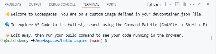 Screenshot showing the terminal prompt ready for use in the codespace.