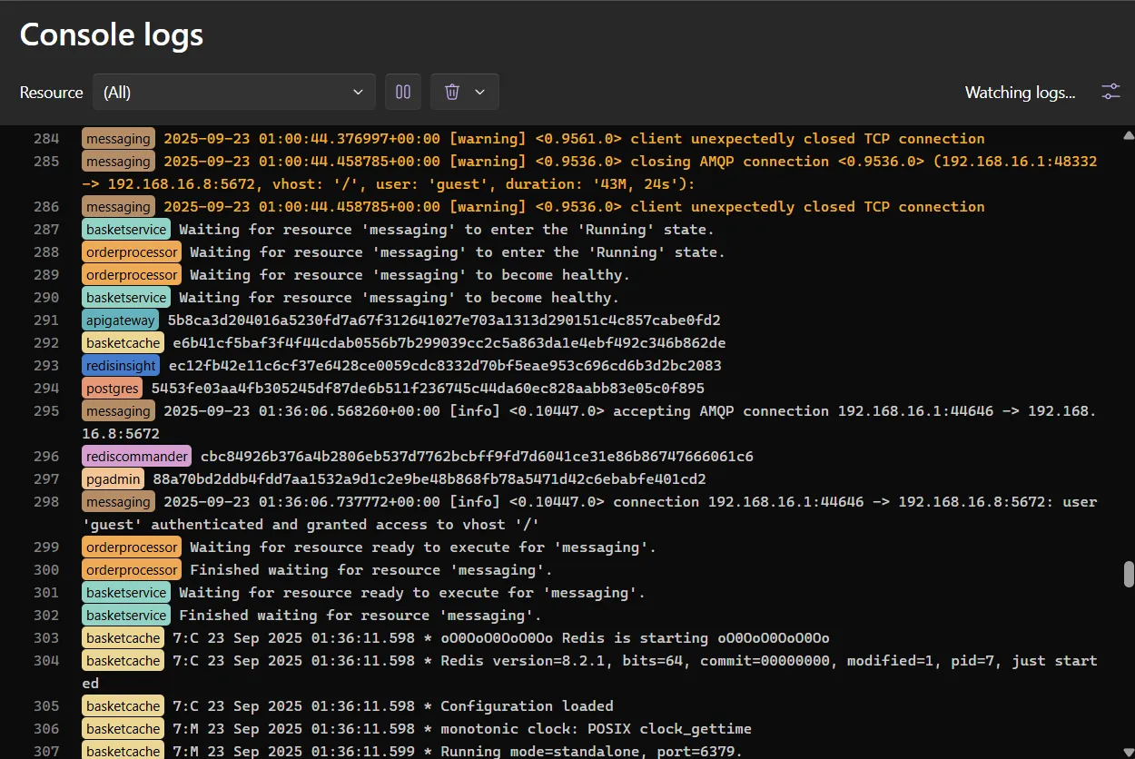 Screenshot of the console logs page displaying (All) logs.