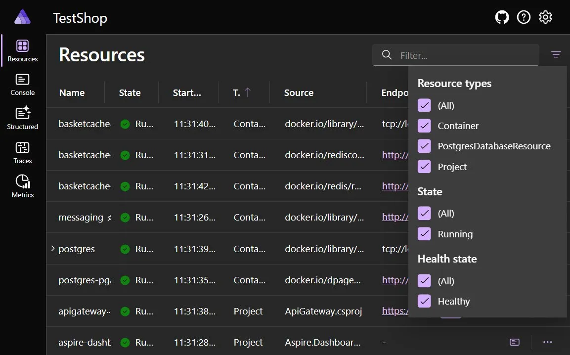 A screenshot of the Aspire dashboard showing the new filter options