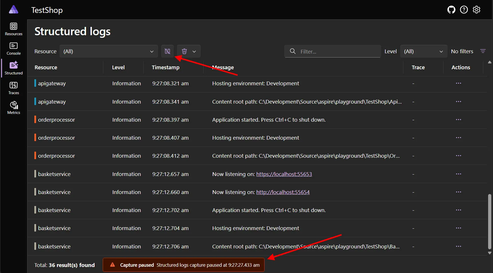 Screenshot of the dashboard showing the pause button.