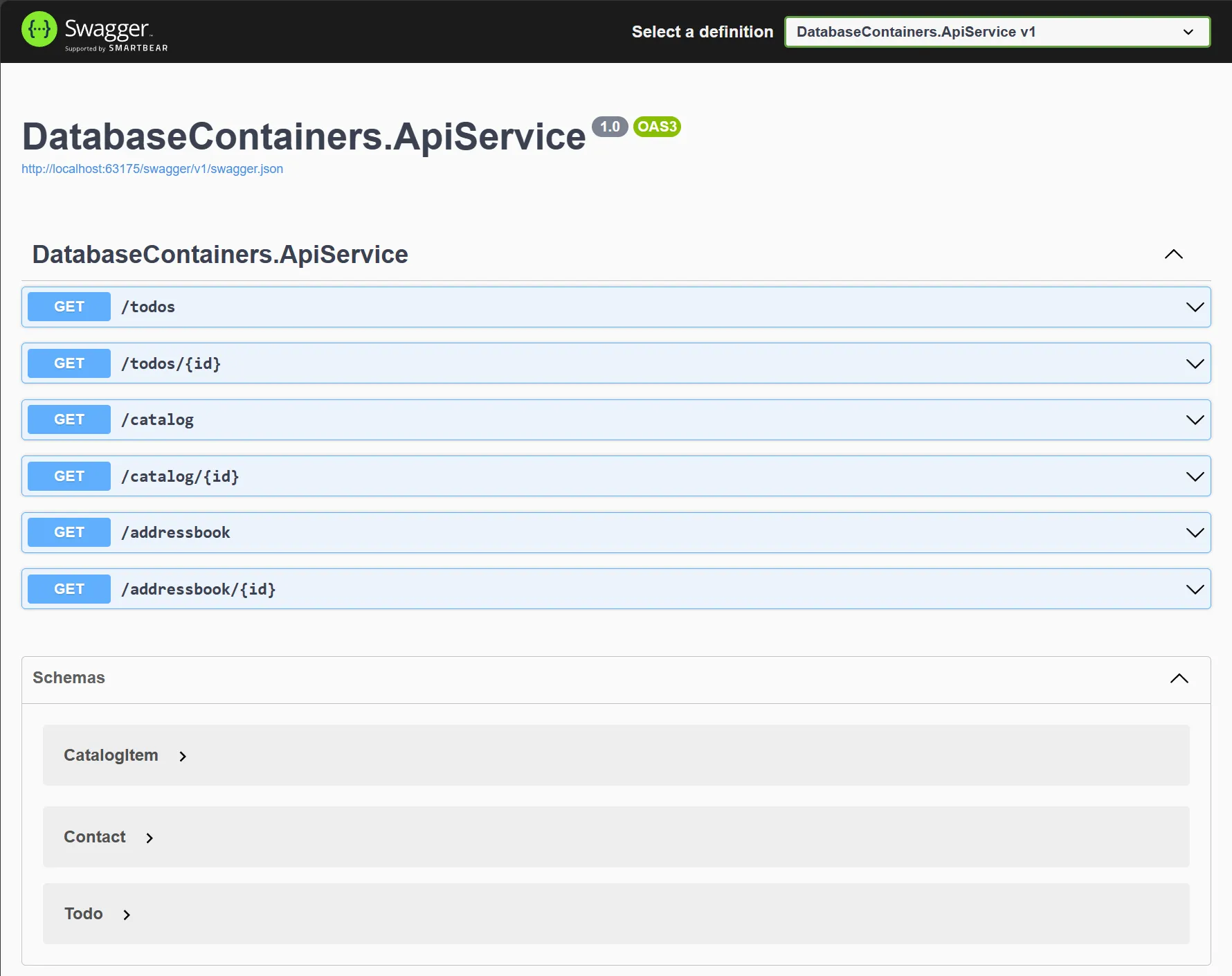 Screenshot of the Working with database containers in a Aspire application sample