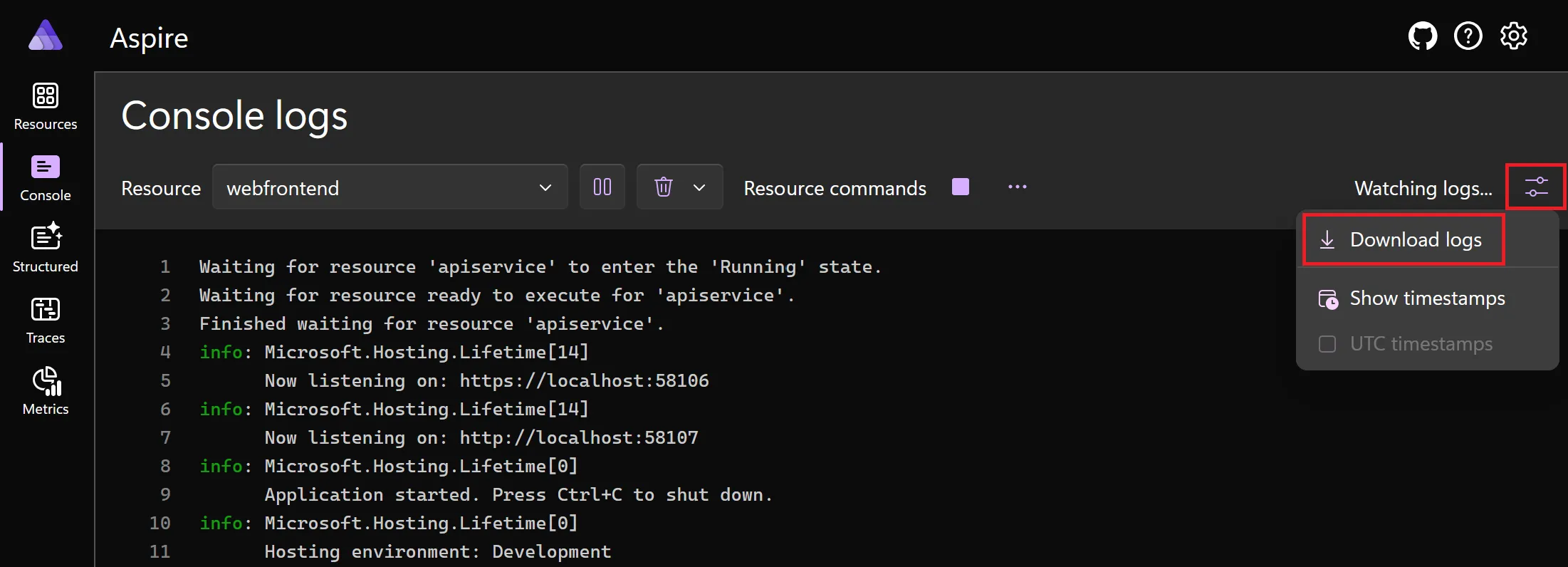 A screenshot of the Aspire dashboard Console logs page showing how to download a log to your local machine.