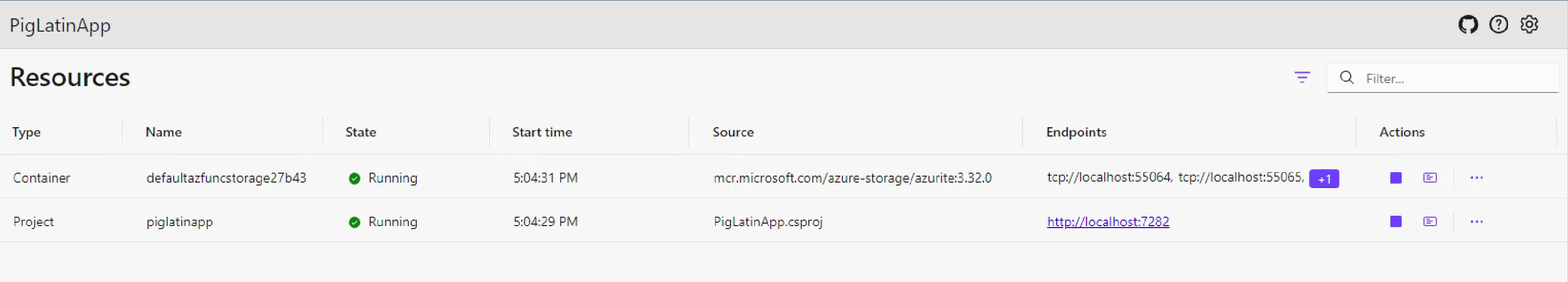 Screenshot of the Aspire running with an Azure Function app