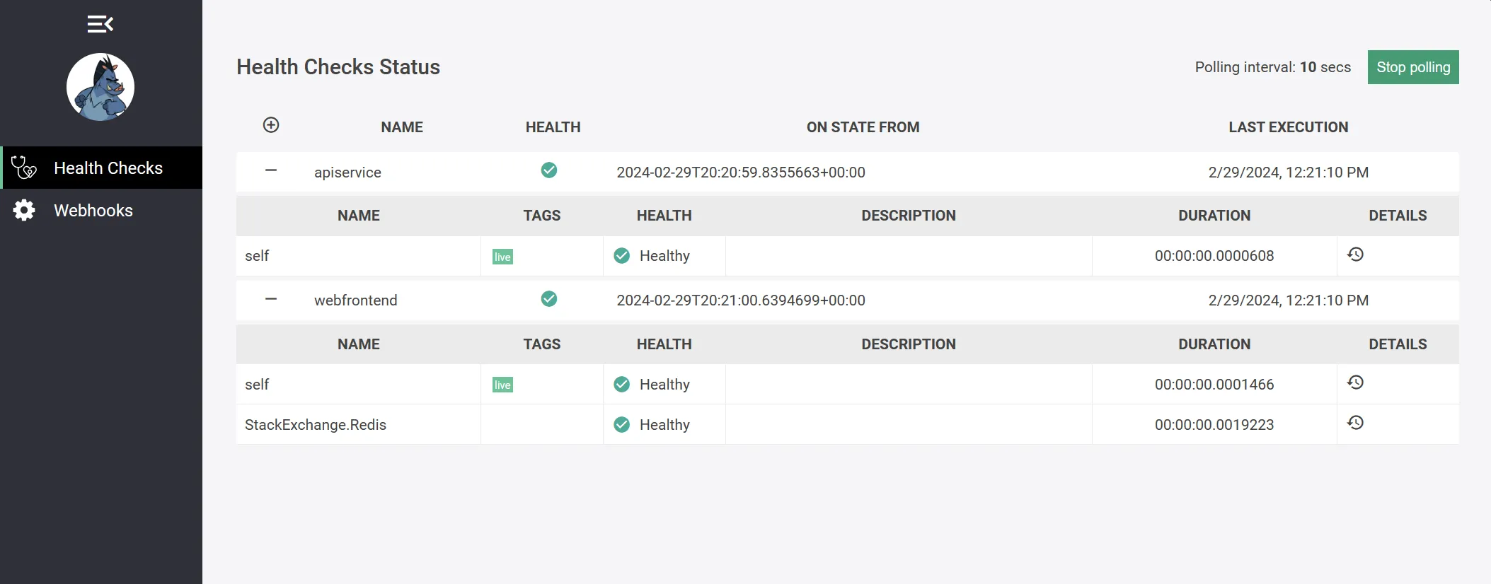 Screenshot of the Configuring health checks & running the ASP.NET Core HealthChecksUI container with Aspire sample