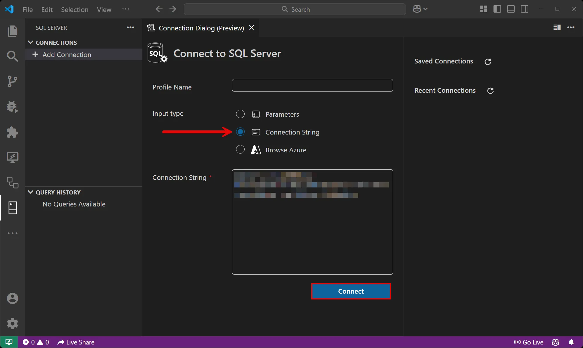 MSSQL for Visual Studio Code: Connection string input details.