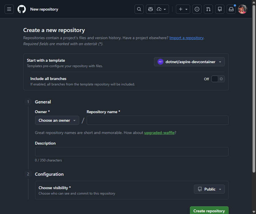 Screenshot showing how to create a new repository from the Aspire devcontainer template on GitHub.