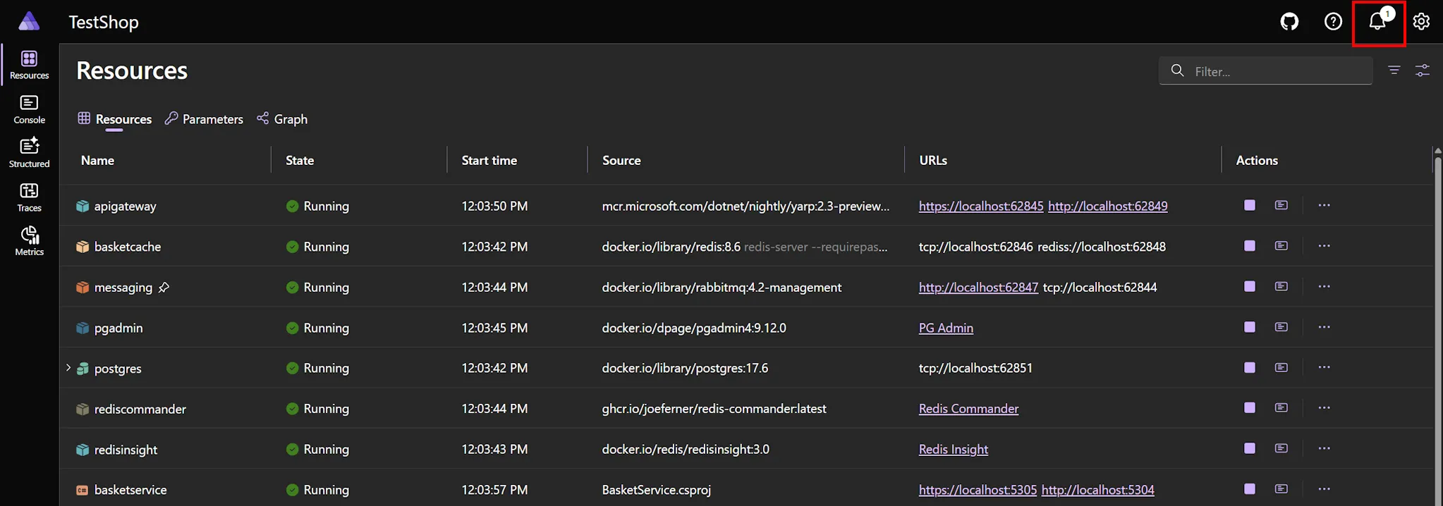 The Aspire dashboard showing a notification bell icon with a badge in the top-right corner