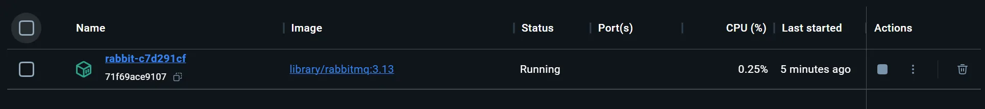 Screenshot of Docker Desktop showing a persistent RabbitMQ container still running after the AppHost stopped.