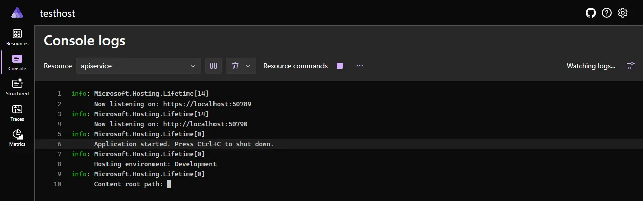 A screenshot of the Aspire dashboard Console Logs page with a source selected.
