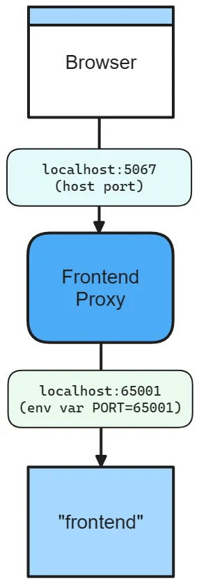 Aspire frontend app networking diagram with specific host port and environment variable port.