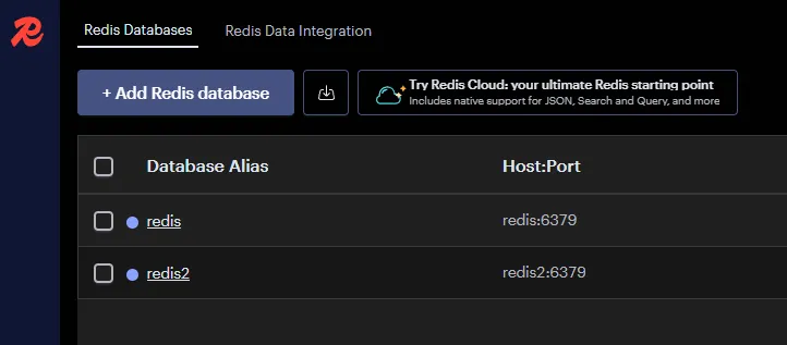 Redis Insight dashboard showing multiple Redis instances