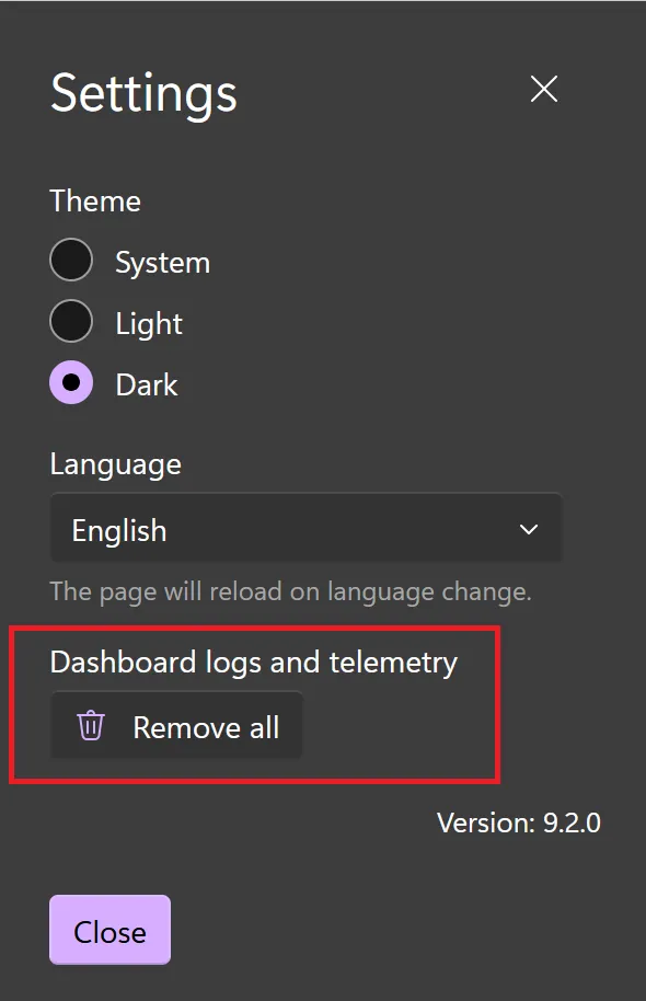 A screenshot of the Aspire dashboard Settings page, showing how to remove all telemetry.