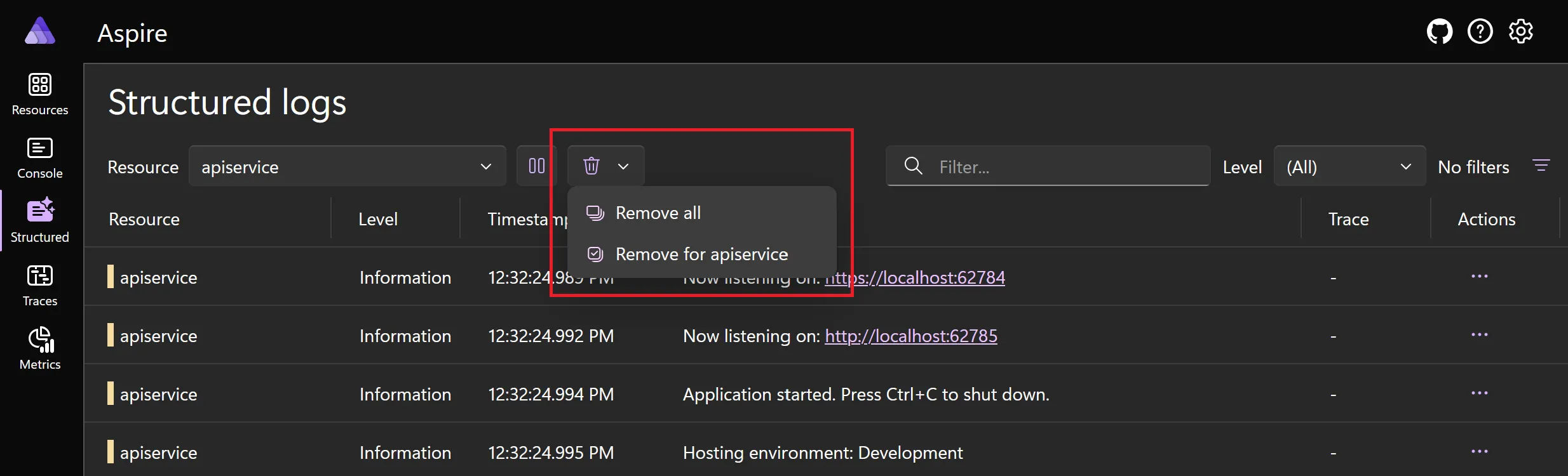 A screenshot of the Aspire dashboard Structured logs page, showing how to remove telemetry.