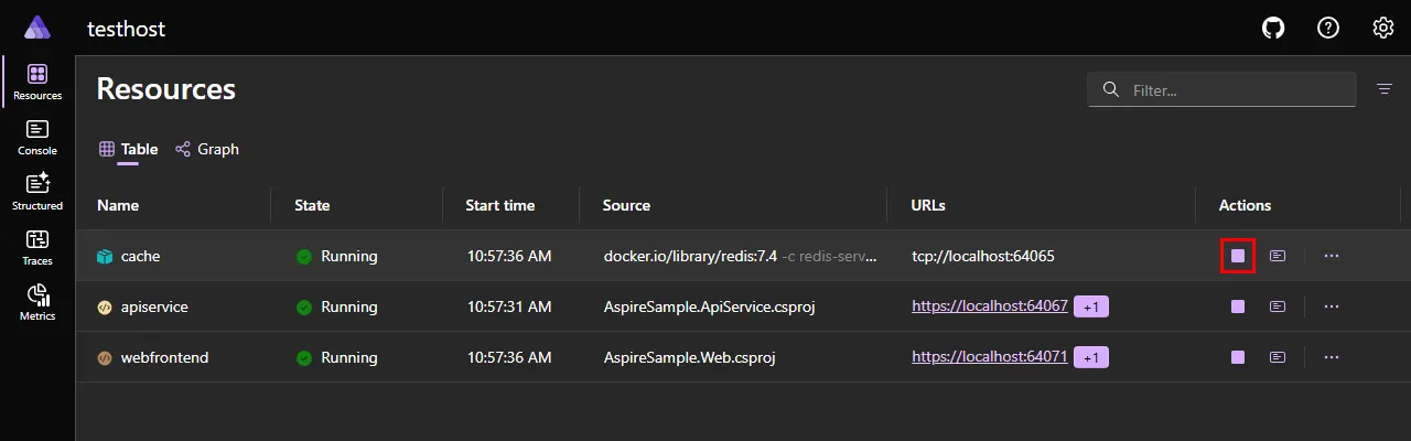 Aspire dashboard stop resource.