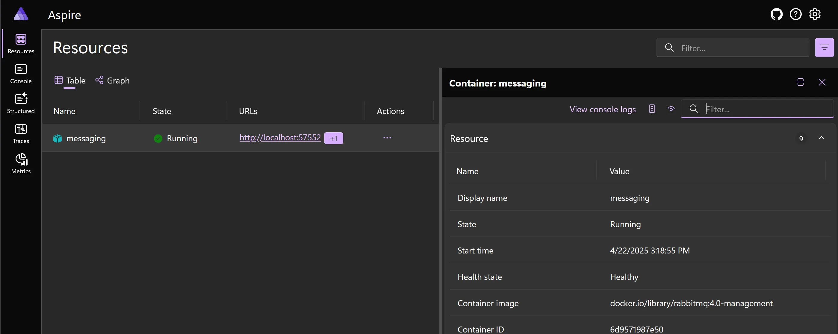 Aspire Dashboard resources page showing filtered container resources with health status, endpoints, and state.