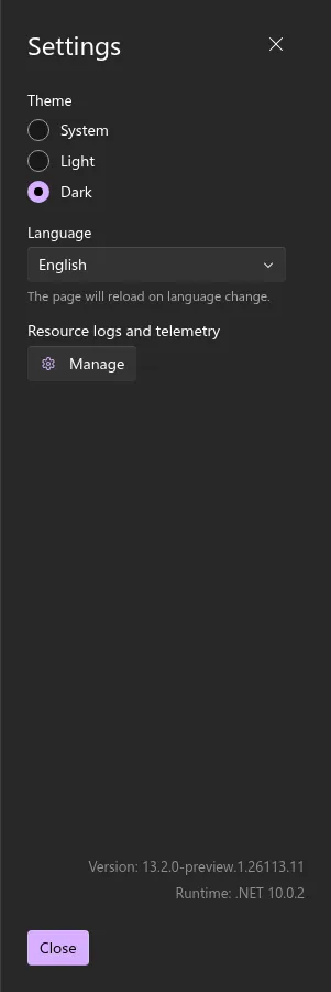 A screenshot of the Aspire dashboard Settings dialog, showing the Manage button under Resource logs and telemetry.