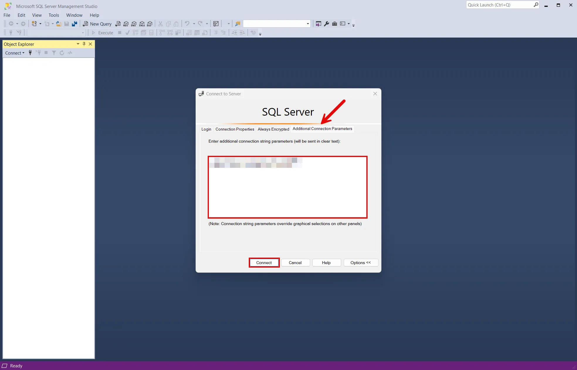 SQL Server Management Studio: Connect to Server dialog.
