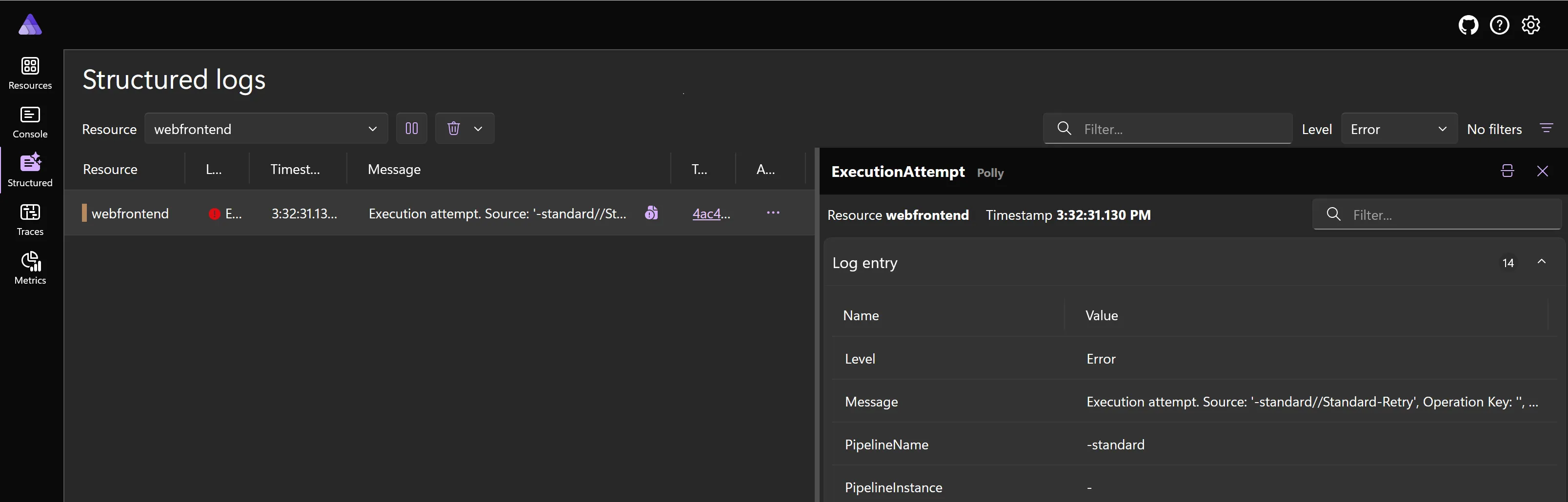 Aspire Dashboard structured logs error detail view showing log entries with severity, context, and error information.