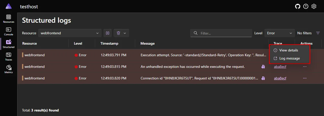 A screenshot of the Aspire dashboard Structured logs page, showing a filter applied to show only the logs relevant to the resource.