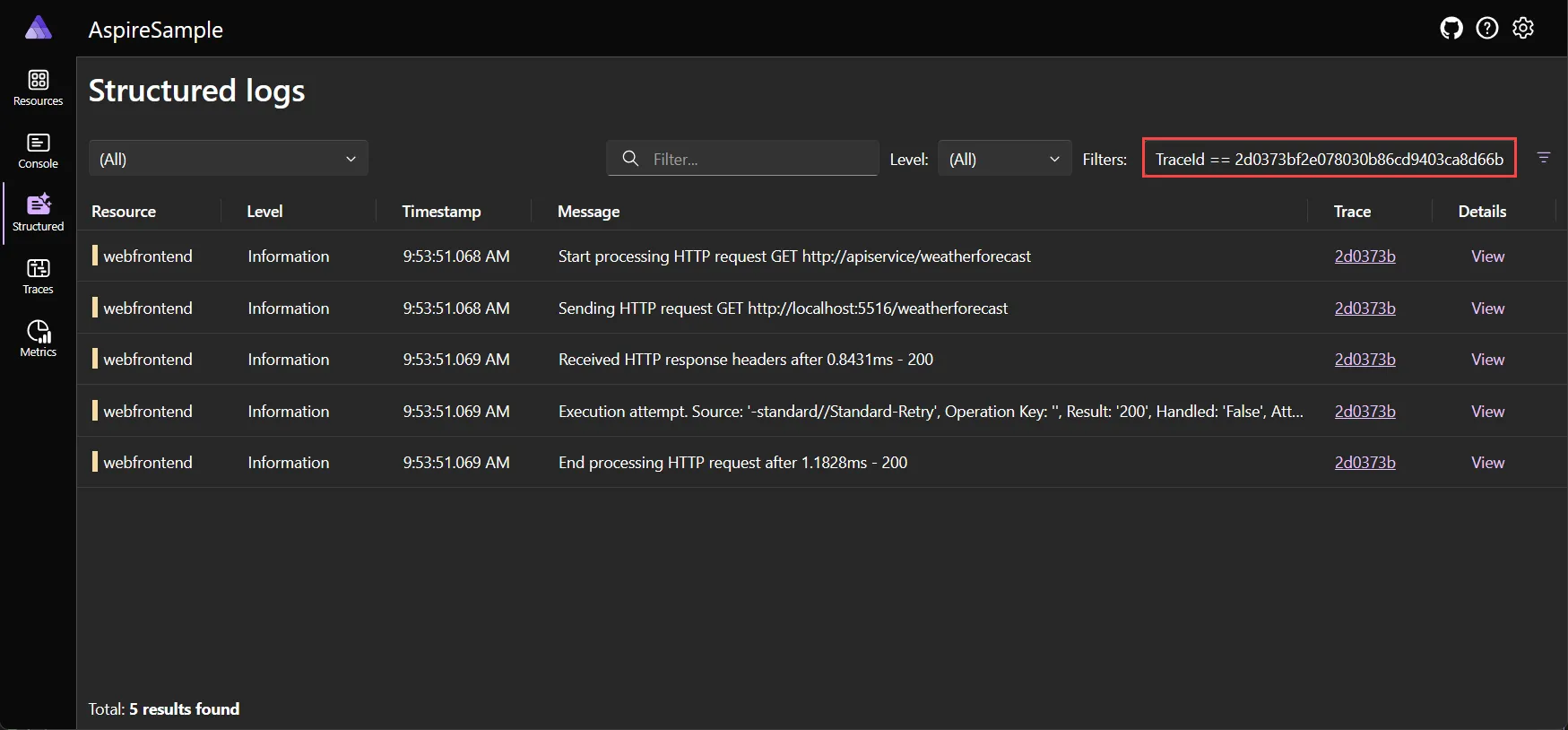 A screenshot of the Aspire dashboard Structured logs page, showing a filter applied to show only the logs relevant to the trace.