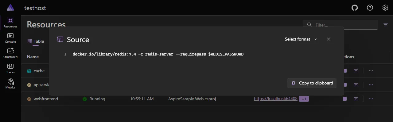 A screenshot of the Aspire dashboard Resources page, showing the text visualizer.