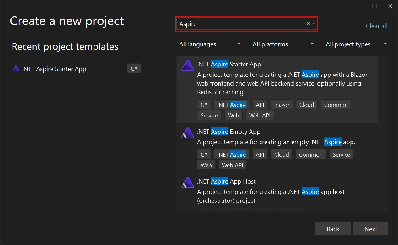 Visual Studio: Aspire templates showing various Aspire project templates available for selection.